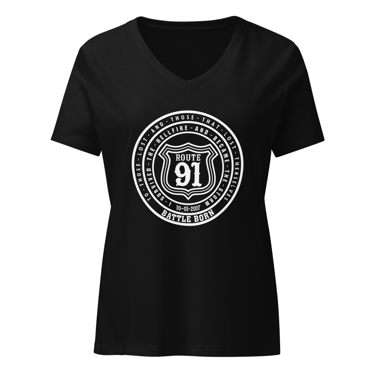 Women’s relaxed v-neck Tee - Route 91 Badge all white