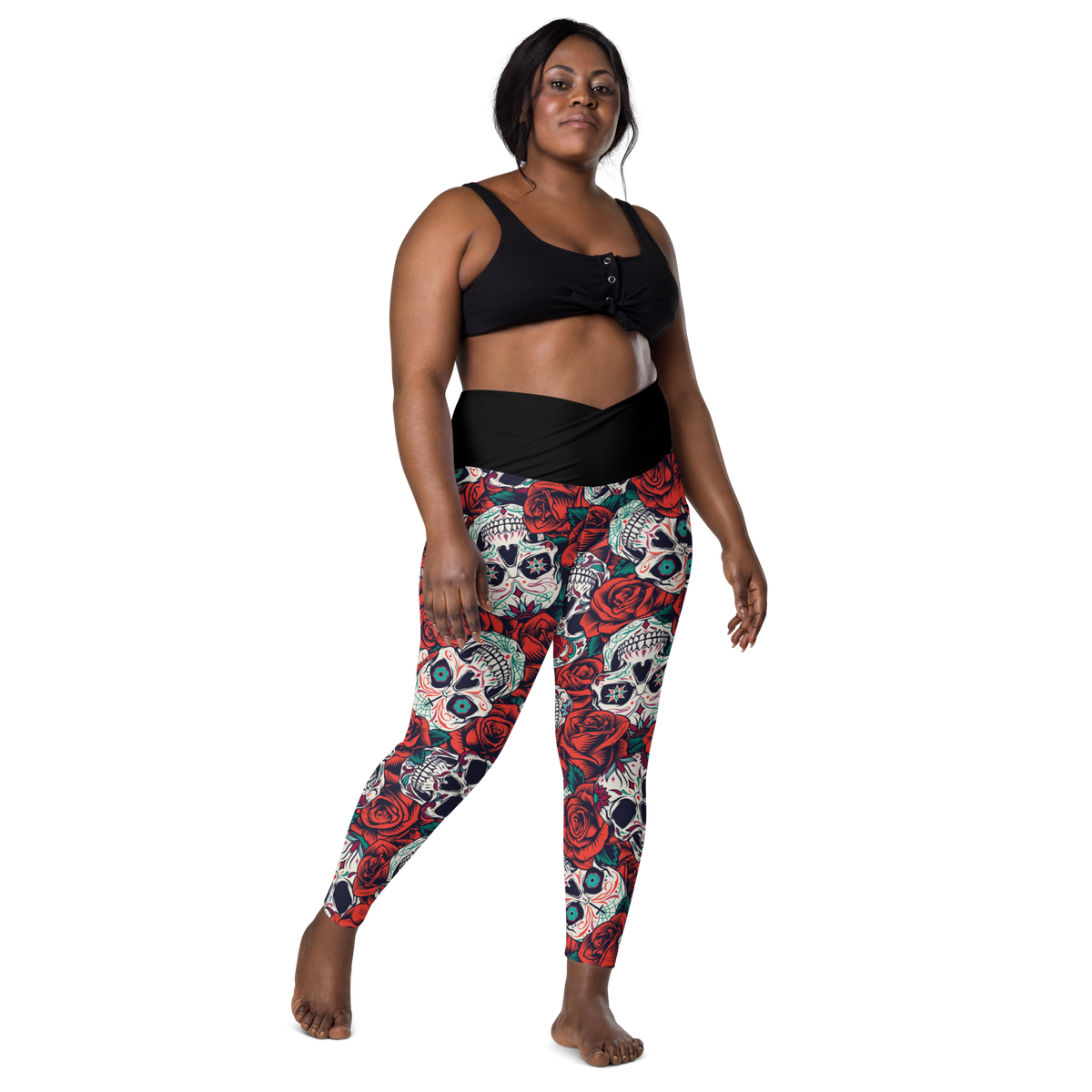 Crossover leggings with pockets - Skulls and Roses