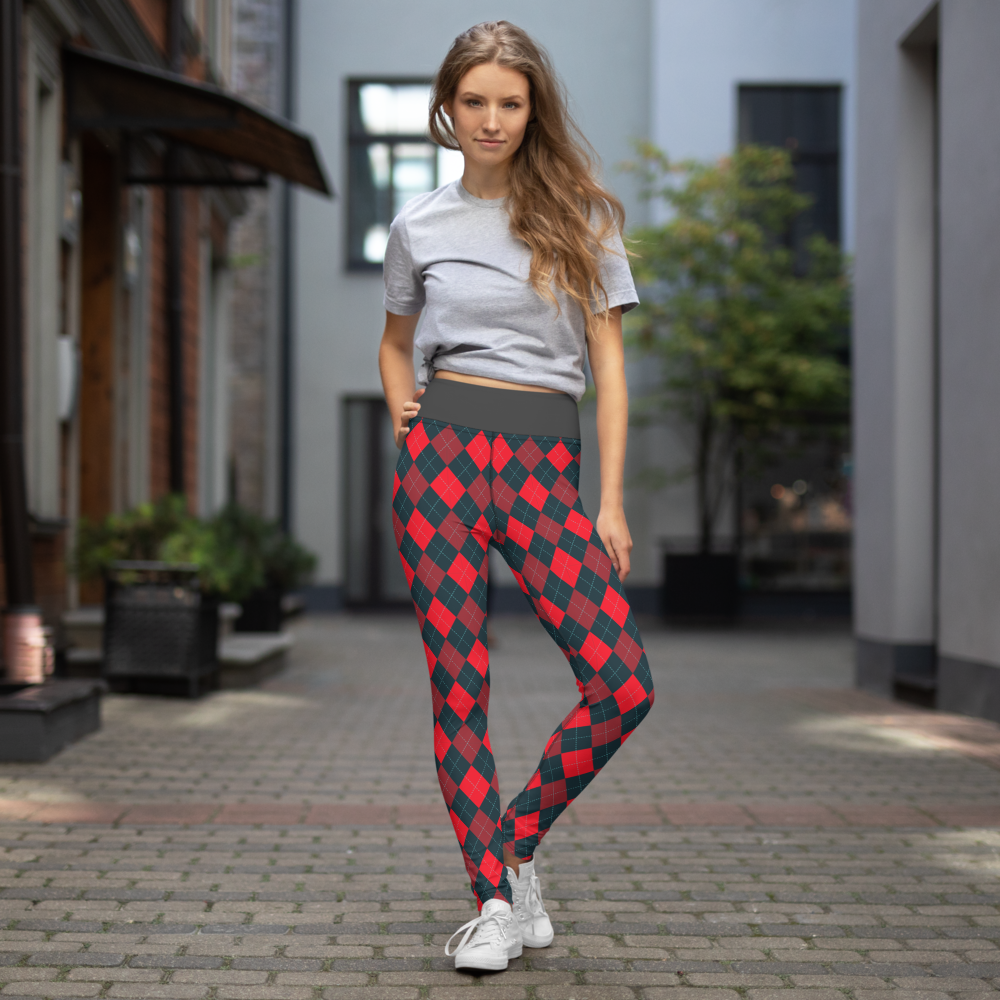 Red/Gray Argyle Yoga Leggings