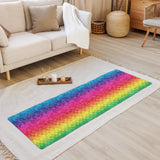 Geometric rainbow yoga mat set up for home workout and meditation