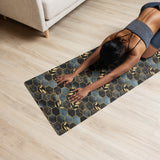 Golden honeycomb yoga mat used for yoga and stretching workouts