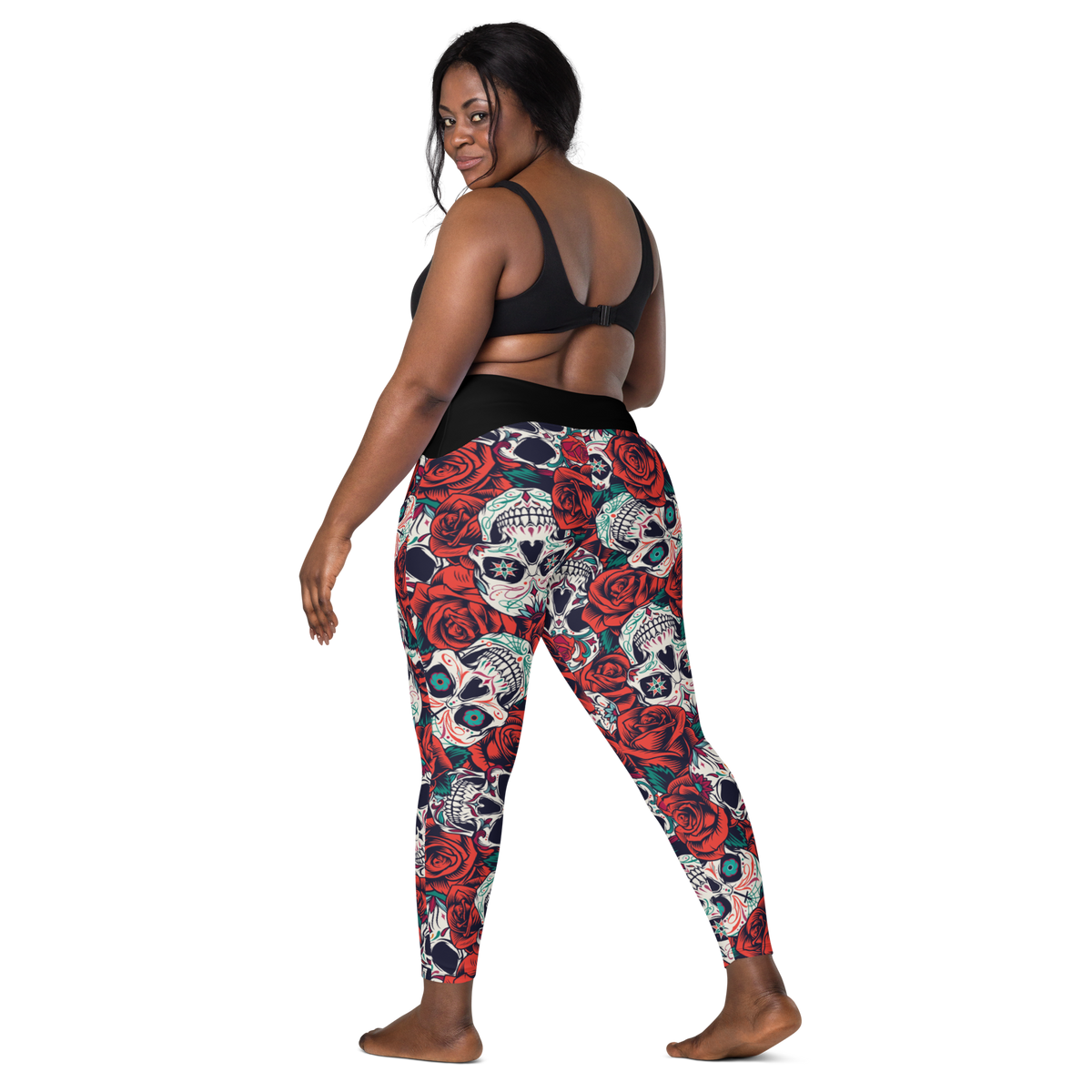 Crossover leggings with pockets - Skulls and Roses