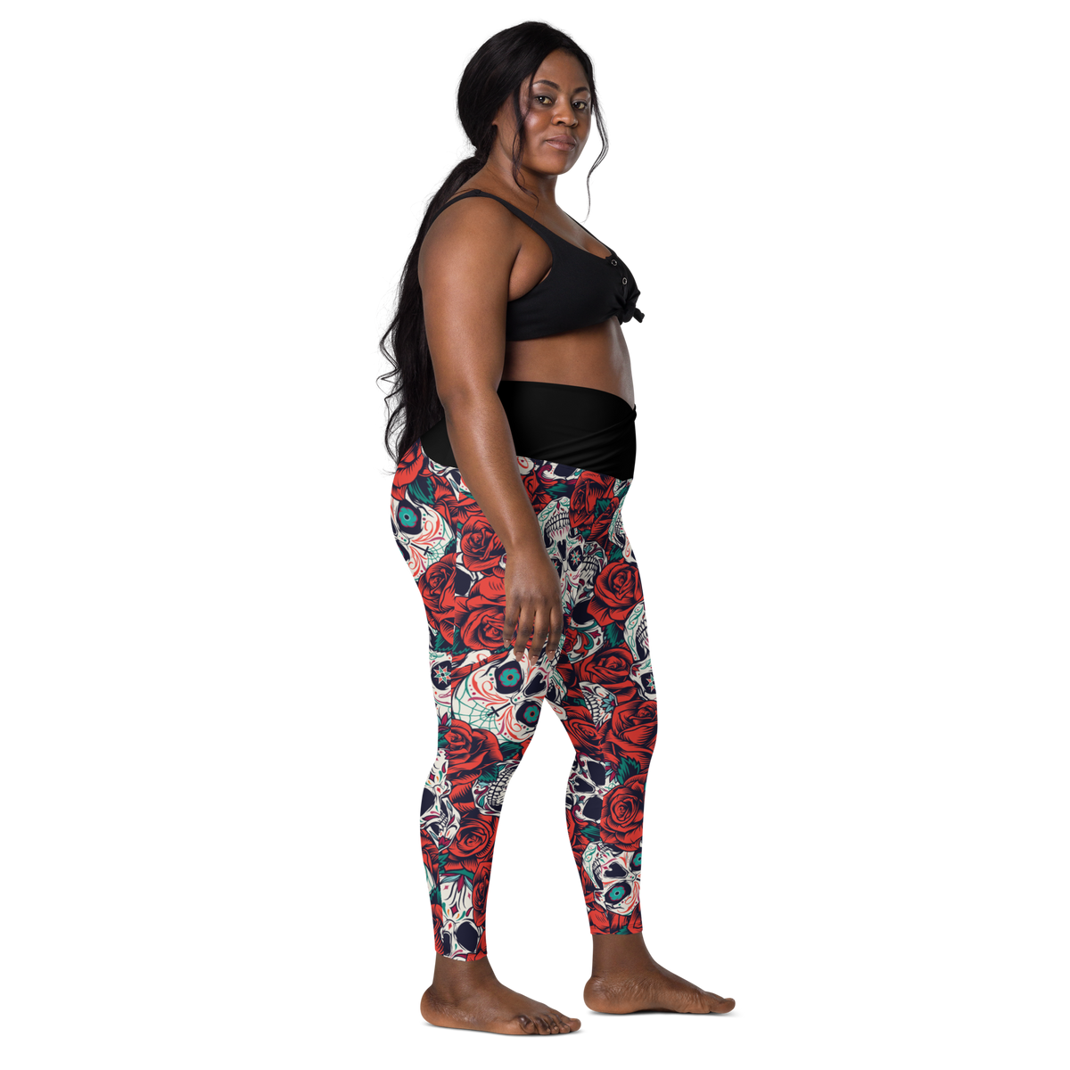 Crossover leggings with pockets - Skulls and Roses